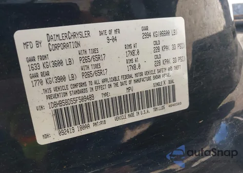 2005 Dodge Durango Limited z USA, uszkodzony, nr VIN 1D8HB58D55F509489